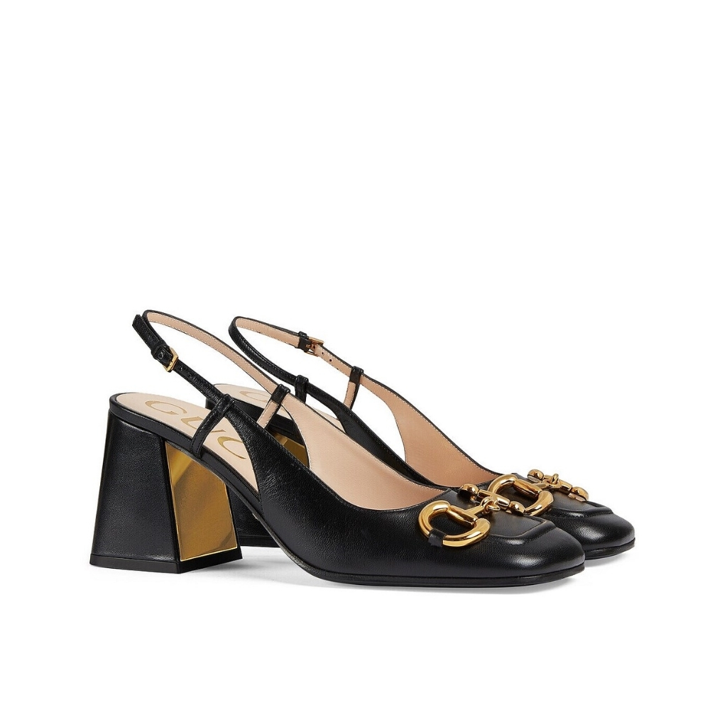 GUCCI WOMEN'S MID HEEL SLINGBACK WITH HORSEBIT BLACK ‎643892 C9D00 1000