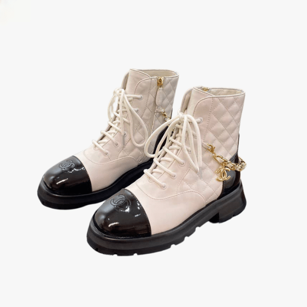 CHANEL CC CAP TOE BOOTS QUILTED MIXED MATERIALS