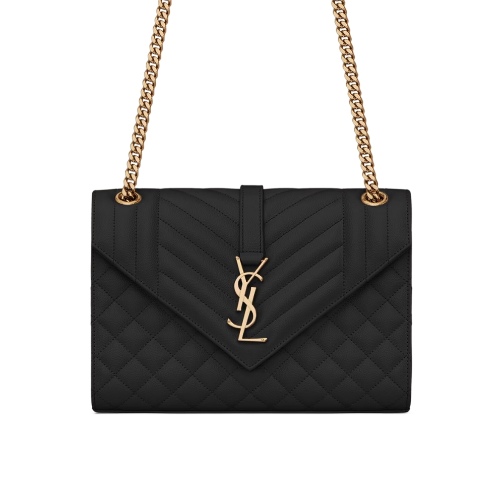 SAINT LAURENT ENVELOPE MEDIUM IN QUILTED GRAIN DE POUDRE EMBOSSED LEATHER BLACK GOLD 24CM 600185BOW911000