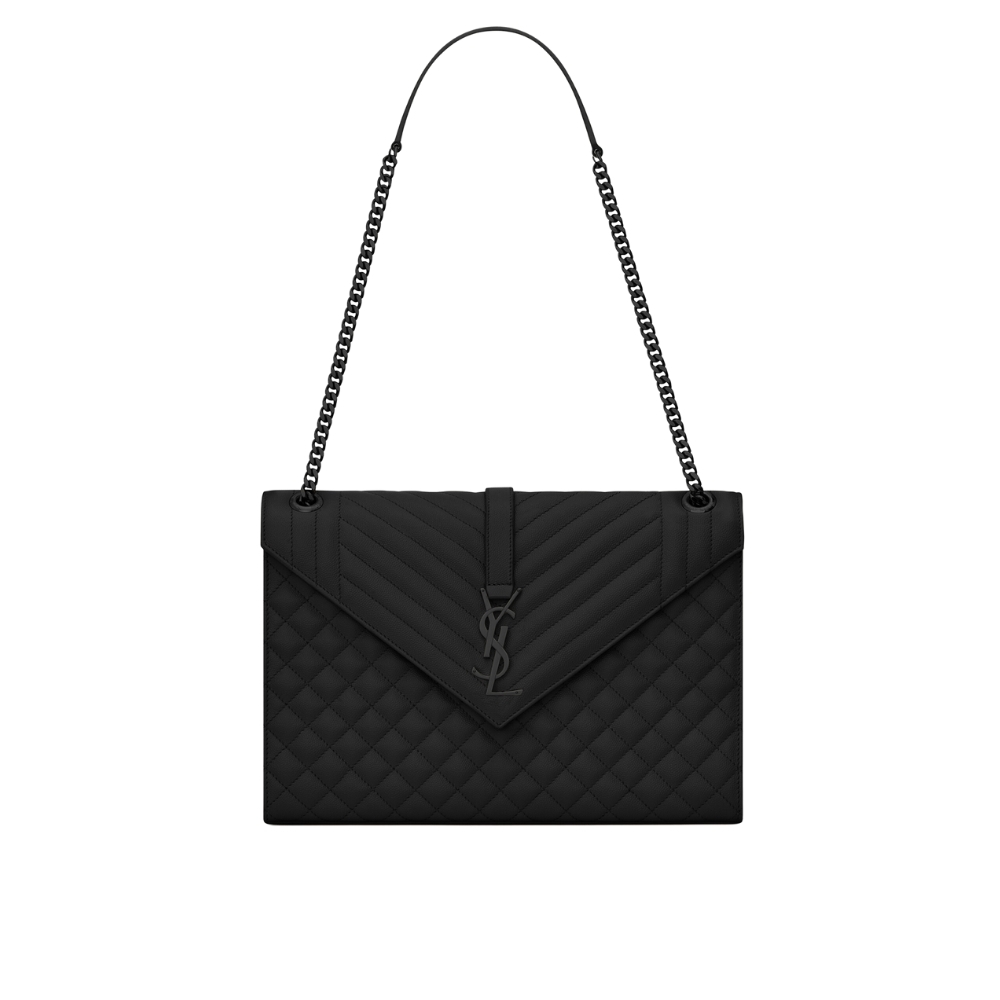 SAINT LAURENT ENVELOPE LARGE GRAIN DE POUDRE EMBOSSED LEATHER MIX MATELASSÉ BLACK 31CM 600166BOW981000