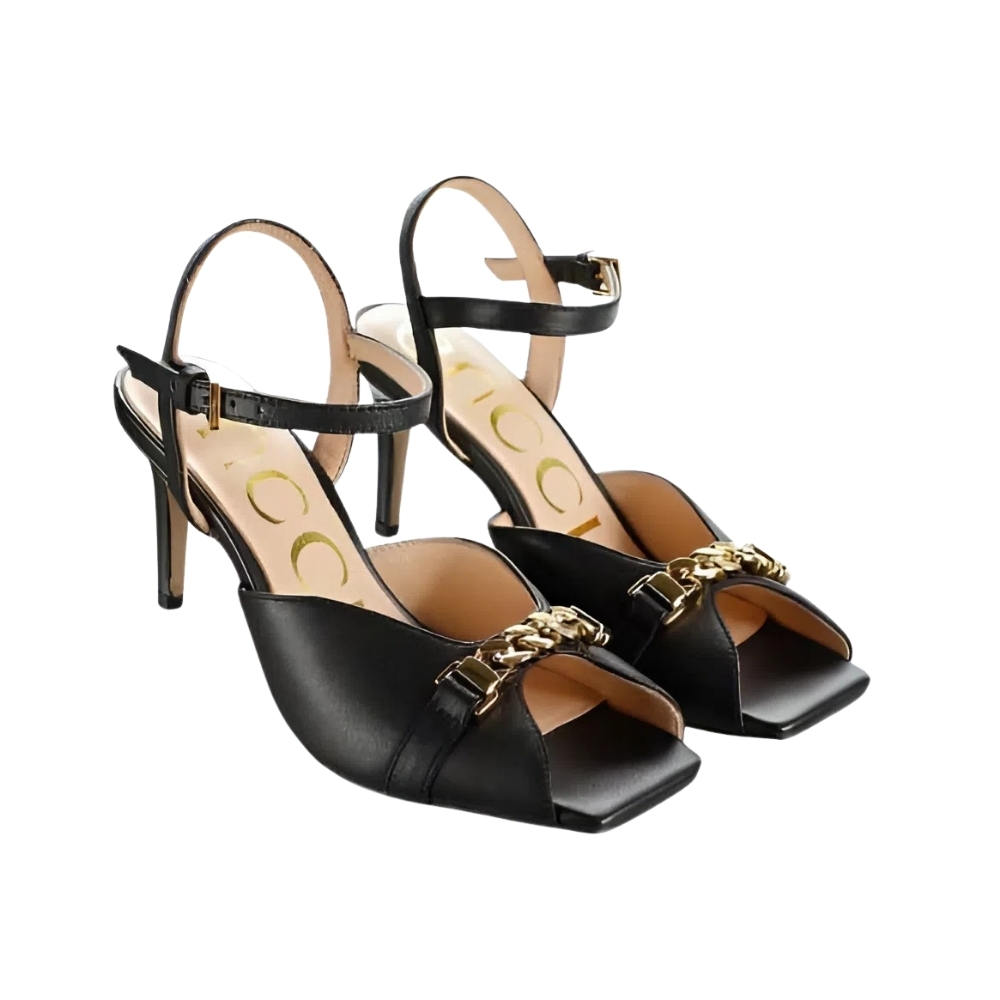 GUCCI METAL CHAIN STILETTO HEELS FLIP FLOP FISH MOUTH SANDALS BLACK