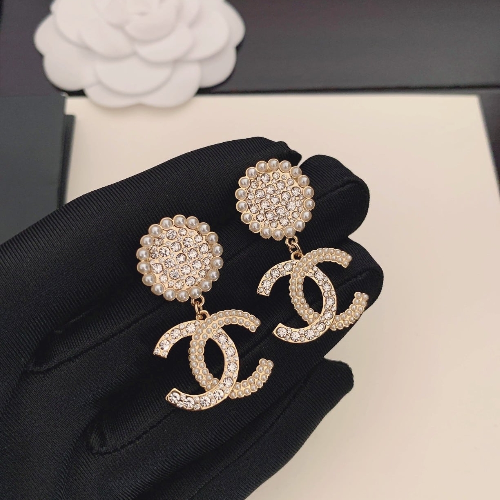 Alternative view of CHANEL CC FAUX PEARL AND CRYSTAL DROP EARRINGS