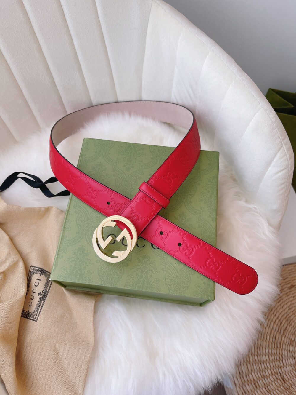 GUCCI CALFSKIN MONOGRAM RED BELT GOLD METAL 3.5CM - Image 5