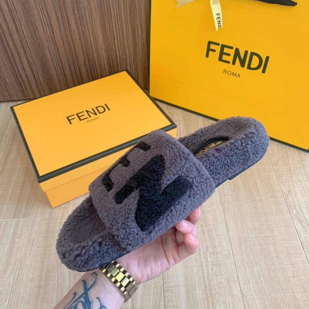 Alternative view of FENDI FLEECE BLACK TEXT SLIPPERS GREY