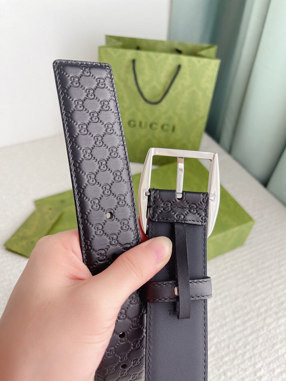 GUCCI CALFSKIN MONOGRAM BLACK BELT SILVER METAL 4CM - Image 5