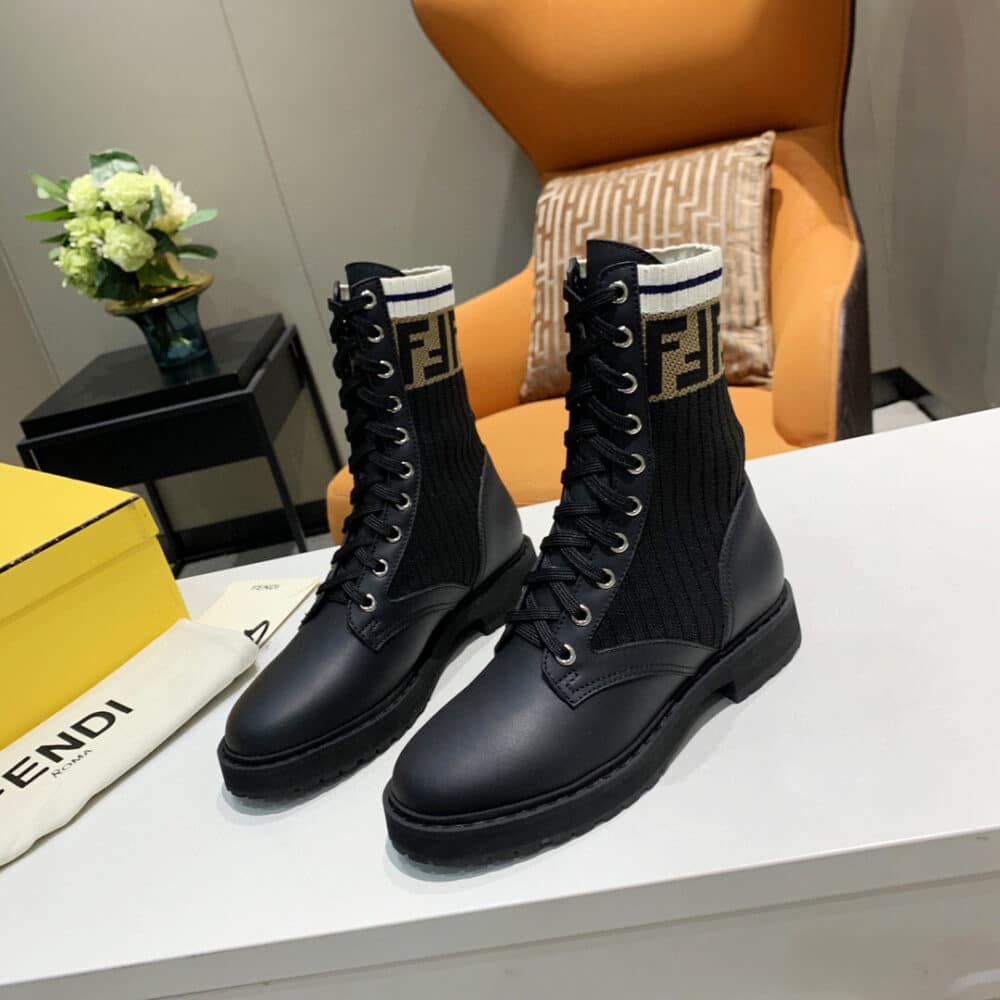 Alternative view of FENDI LEATHER BIKER BOOTS WITH BEIGE FF CUFF BLACK