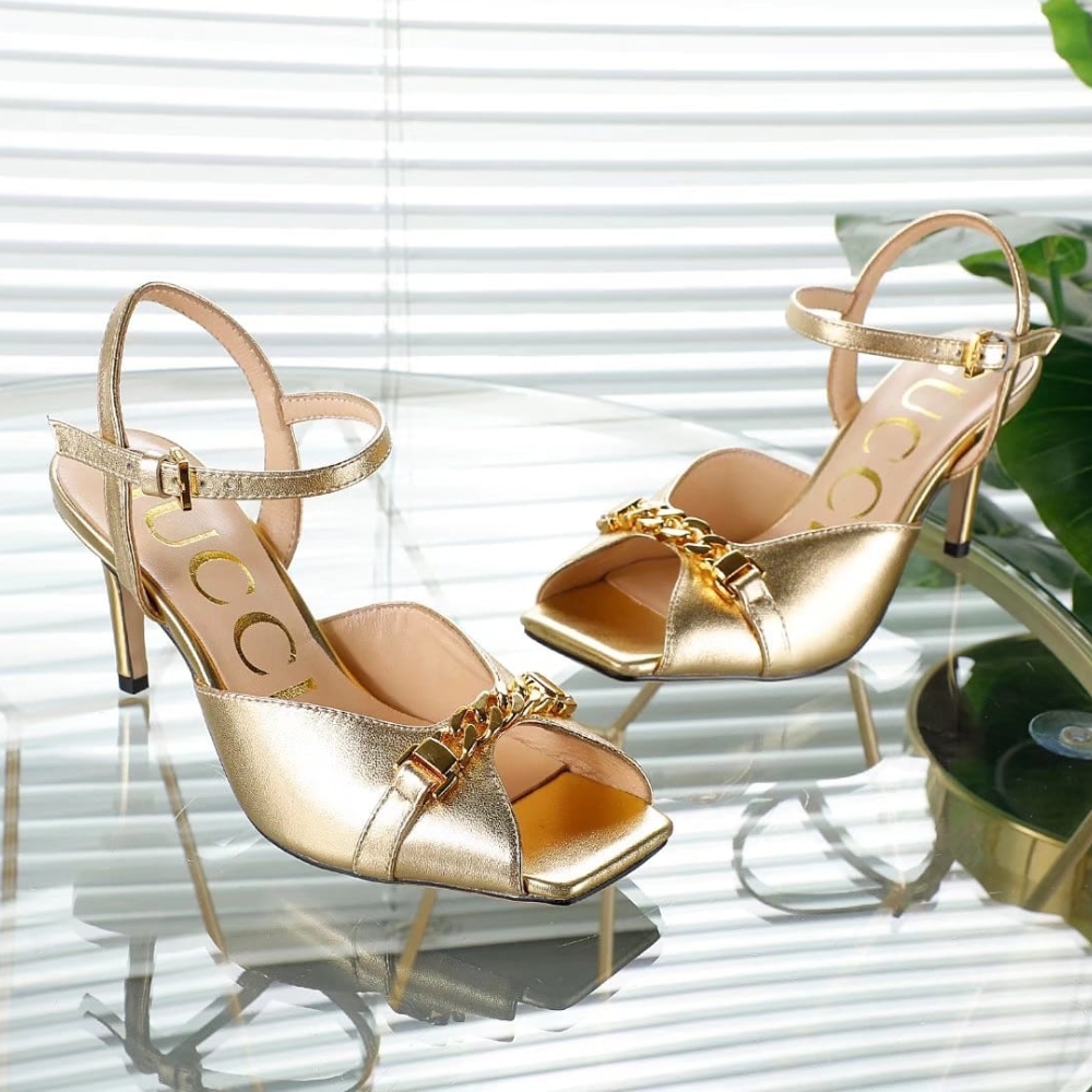 Alternative view of GUCCI METAL CHAIN STILETTO HEELS FLIP FLOP FISH MOUTH SANDALS GOLD