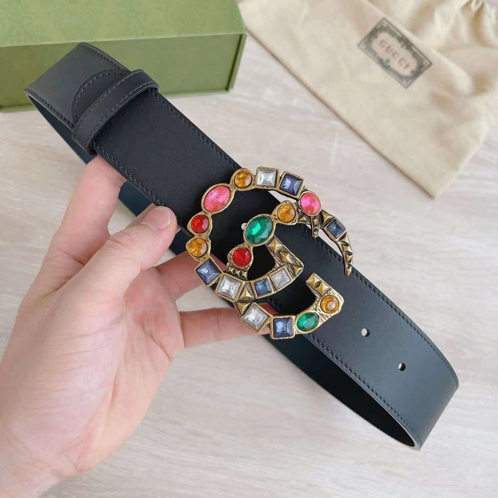 Alternative view of GUCCI LEATHER BELT WITH CRYSTAL DOUBLE G BUCKLE 513183 AP0IT 1093