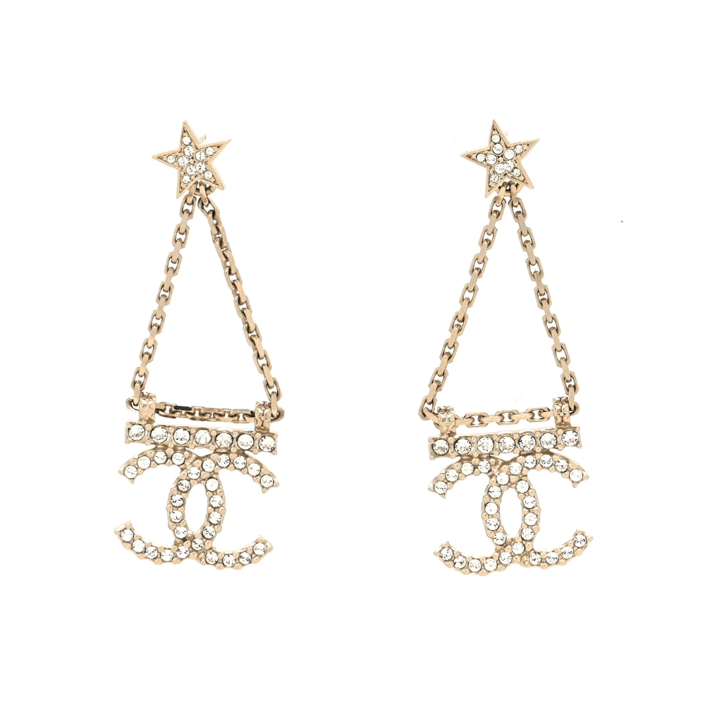 CHANEL STAR CRYSTAL CHAIN BAR STUD DROP EARRINGS AB8068 B07810 NH432