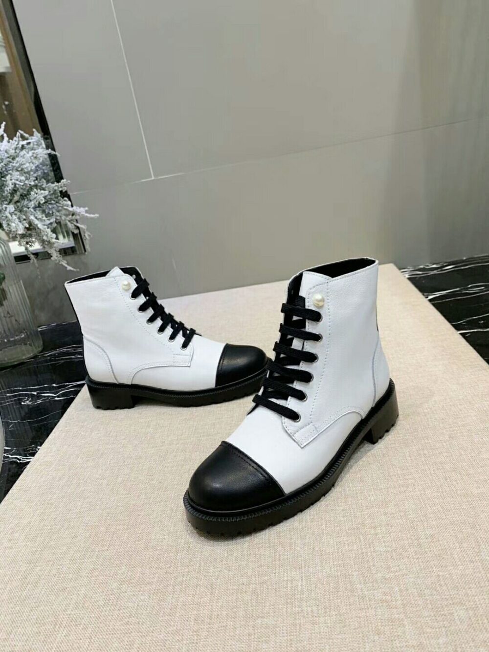 Alternative view of CHANEL WHITE PEARL LOGO CC COMBAT LACE UP TIE ANKLE BOOTS G36209