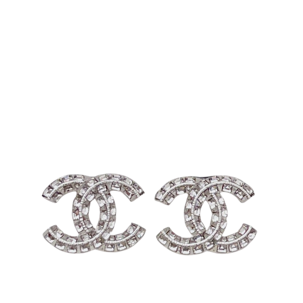 CHANEL CC CRYSTAL STUD EARRINGS METAL SILVER