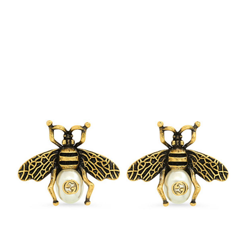 GUCCI GG BEE PEARL GOLD EARRINGS