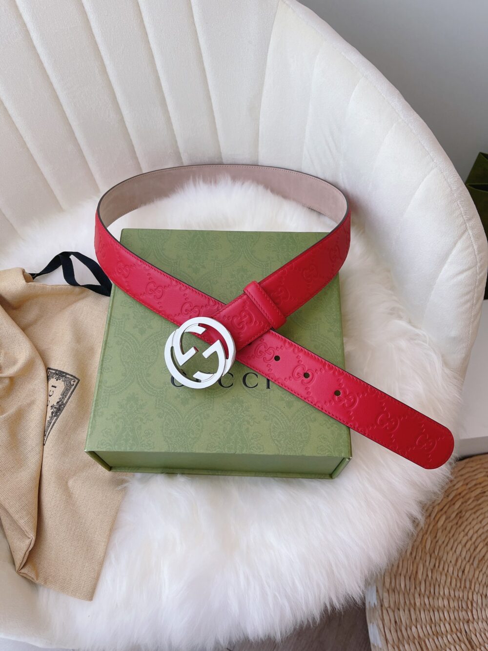 GUCCI CALFSKIN MONOGRAM RED BELT SILVER METAL 3.5CM - Image 5