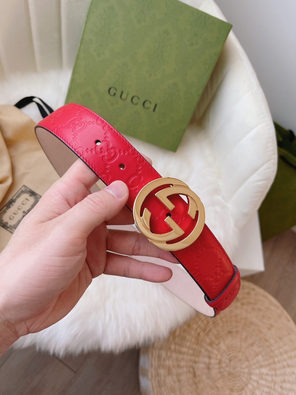 GUCCI CALFSKIN MONOGRAM RED BELT GOLD METAL 3.5CM - Image 4