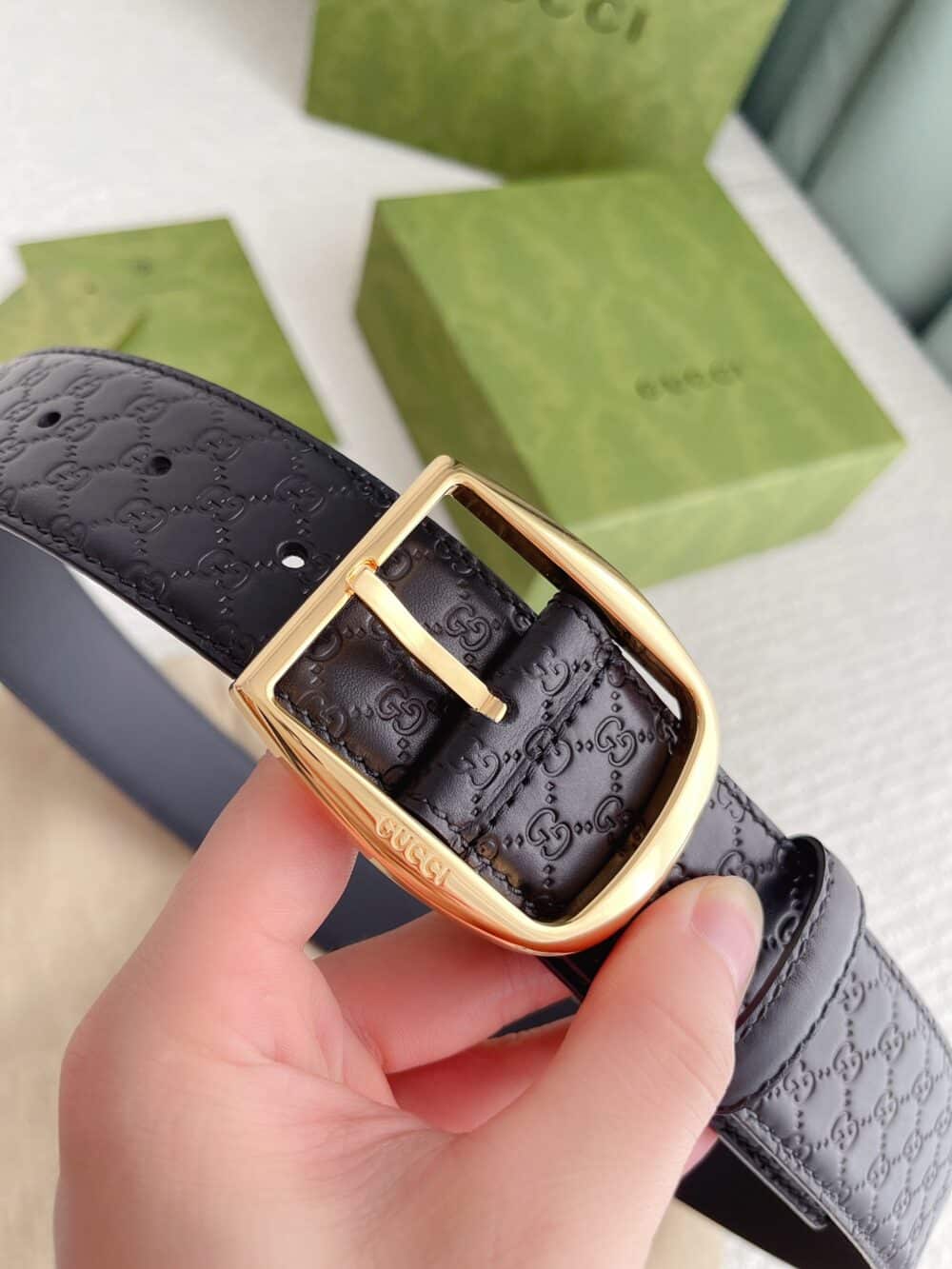 GUCCI CALFSKIN MONOGRAM BLACK BELT GOLD METAL 4CM - Image 6