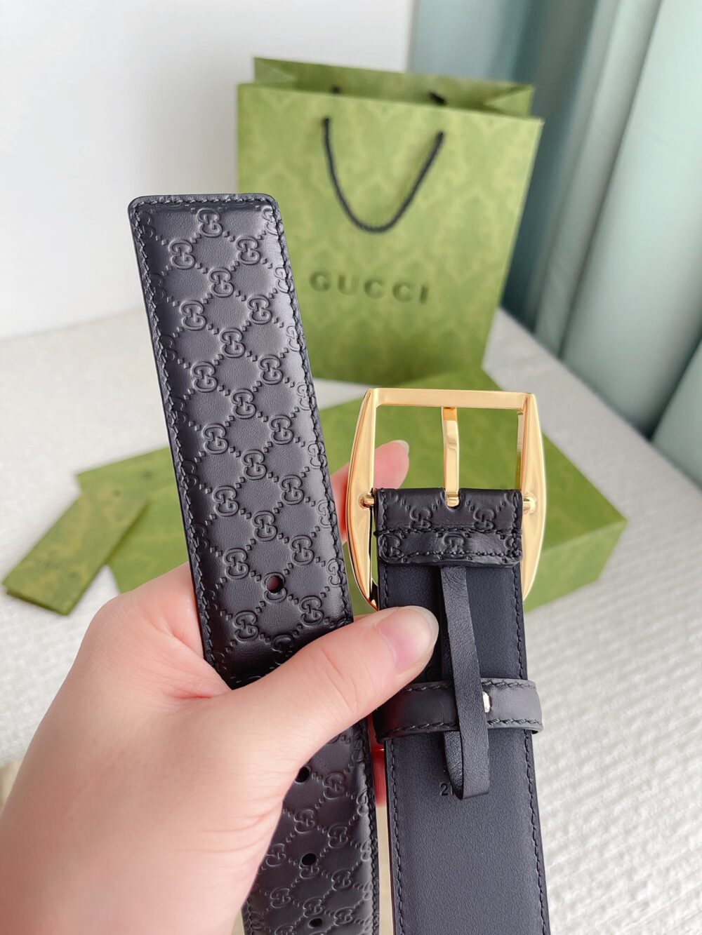GUCCI CALFSKIN MONOGRAM BLACK BELT GOLD METAL 4CM - Image 7