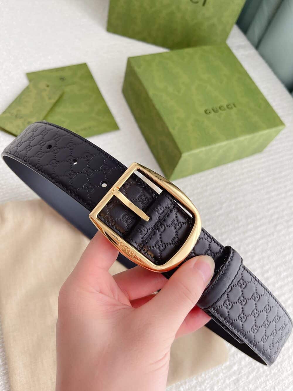 GUCCI CALFSKIN MONOGRAM BLACK BELT GOLD METAL 4CM - Image 10
