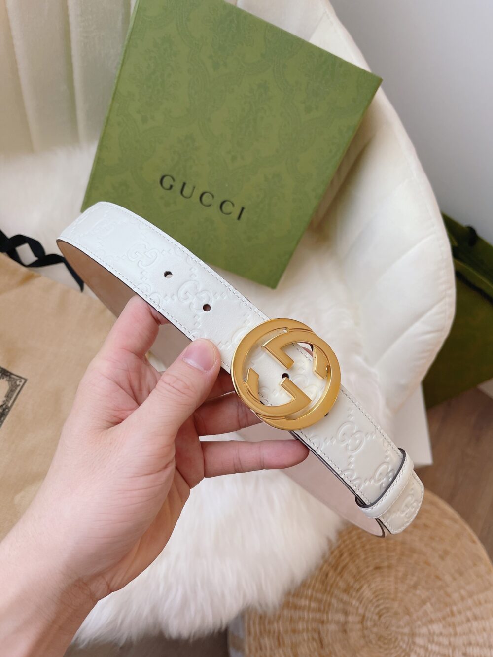 GUCCI CALFSKIN MONOGRAM WHITE BELT GOLD METAL 3.5CM - Image 4