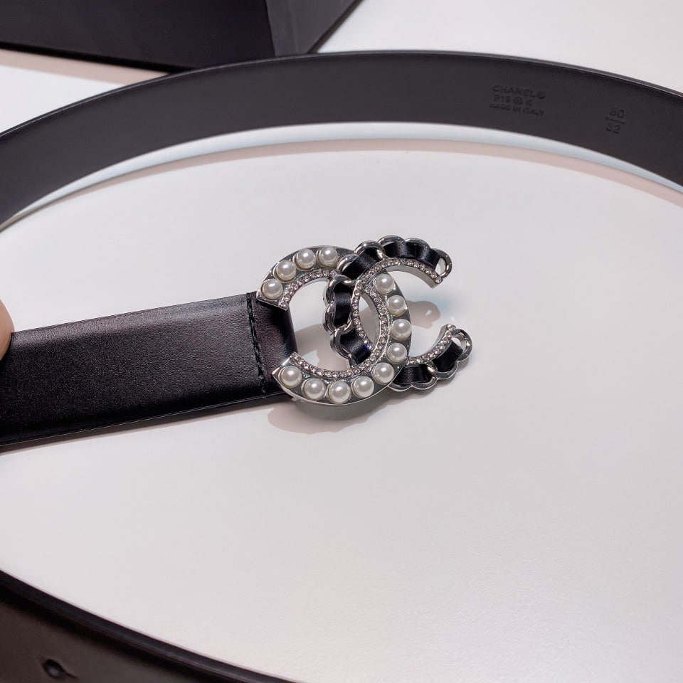 CHANEL BELT WITH PEARLS AND CC LOGO SILVER TONE METAL BELT BLACK 28MM - Image 5