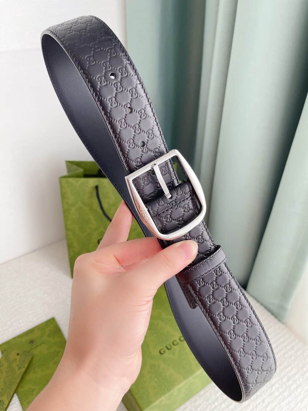 GUCCI CALFSKIN MONOGRAM BLACK BELT SILVER METAL 4CM - Image 4