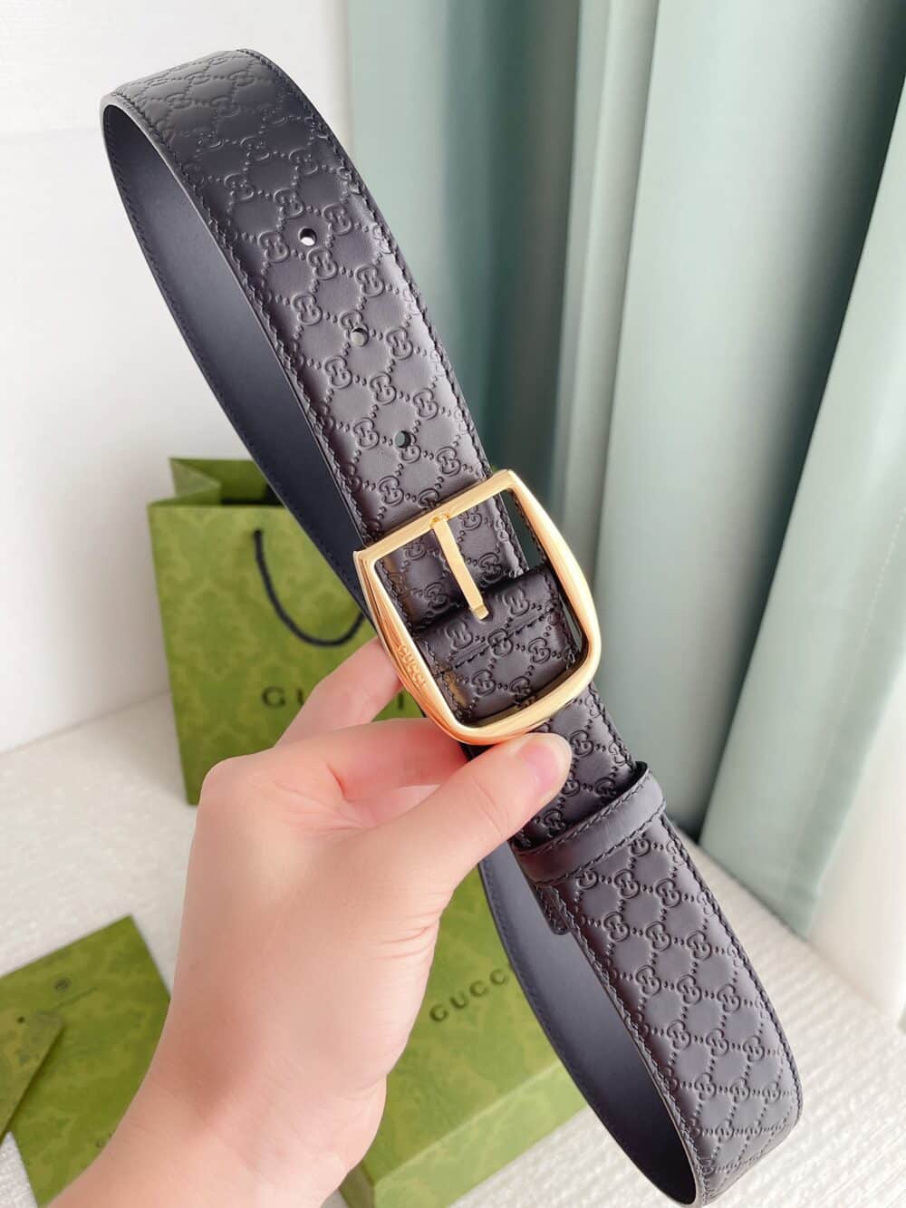 GUCCI CALFSKIN MONOGRAM BLACK BELT GOLD METAL 4CM - Image 9