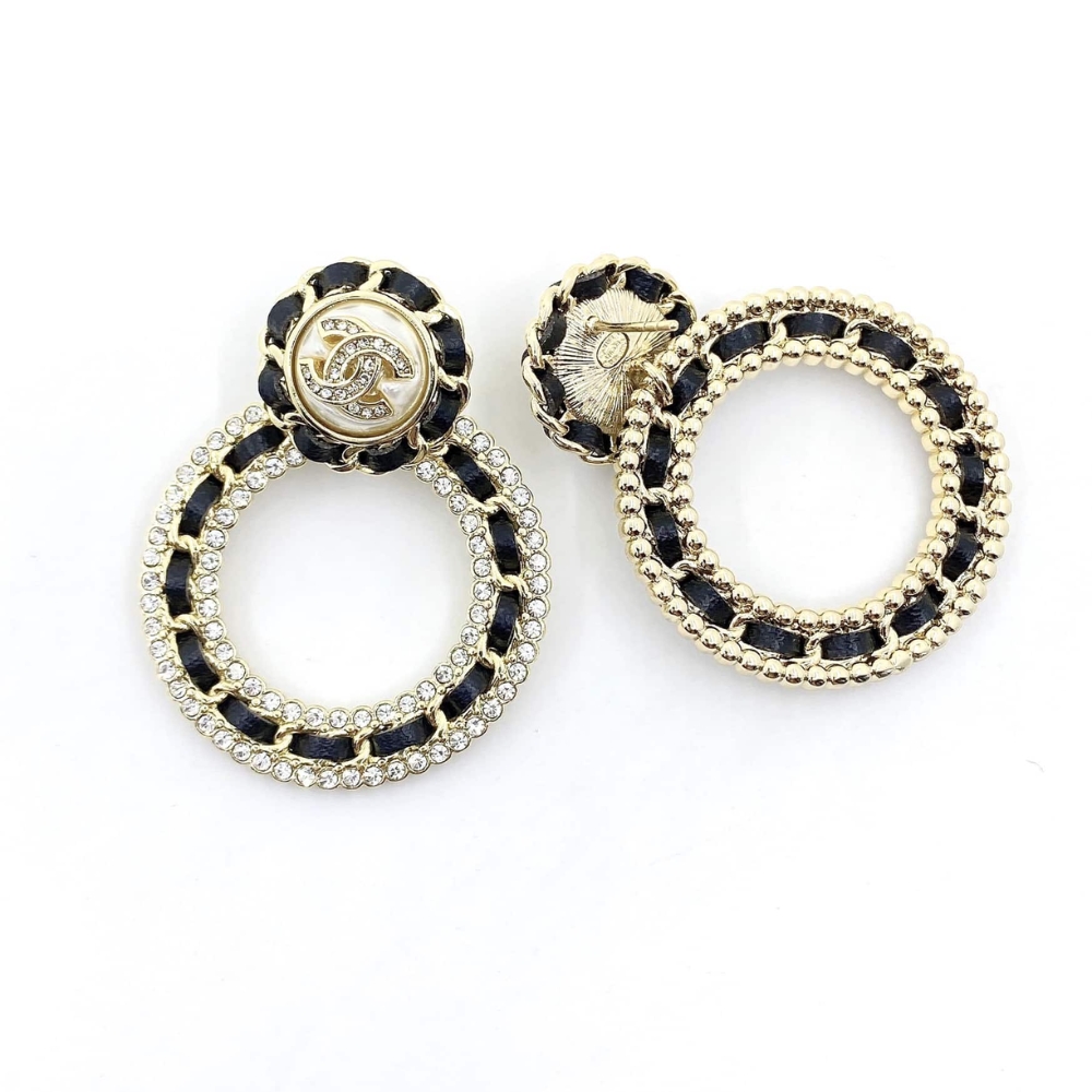 Alternative view of CHANEL CRYSTAL PEARL CC CHAIN HOOP DROP EARRINGS GOLD BLACK