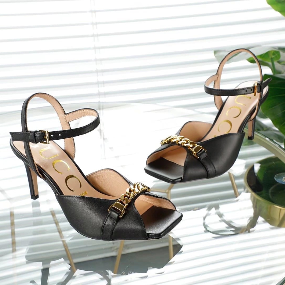 Alternative view of GUCCI METAL CHAIN STILETTO HEELS FLIP FLOP FISH MOUTH SANDALS BLACK