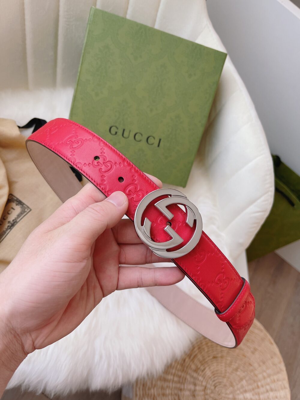 GUCCI CALFSKIN MONOGRAM RED BELT SILVER METAL 3.5CM - Image 4