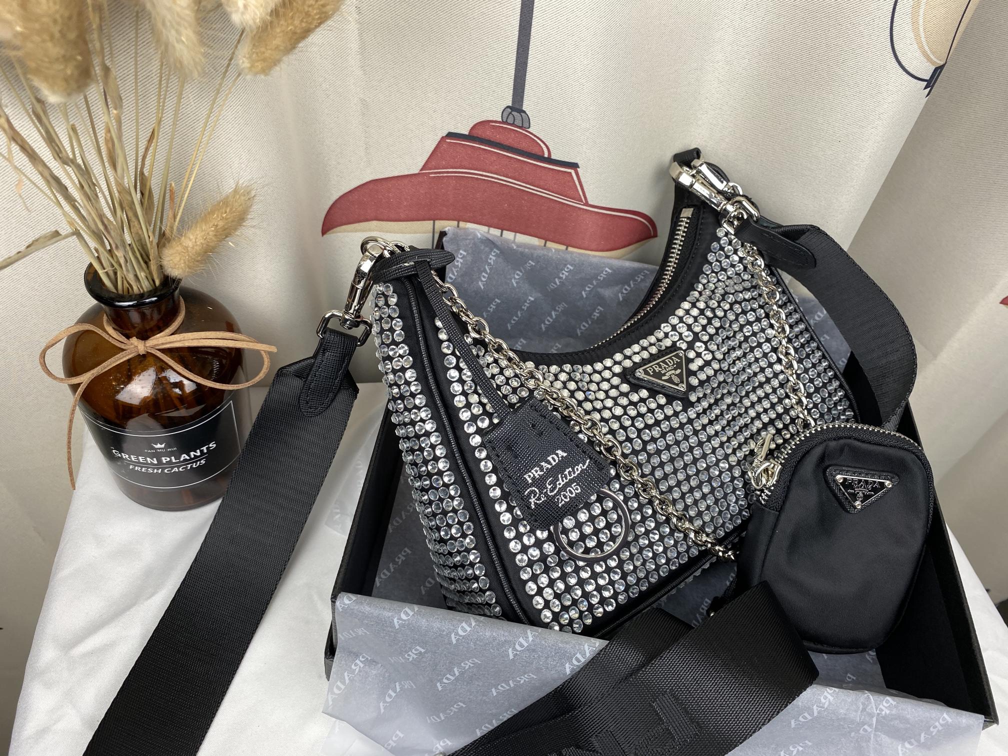 PRADA RE EDITION 2005 SATIN BAG WITH CRYSTALS 23CM 1BH204 2AWL F0T7O V V9L - Image 6