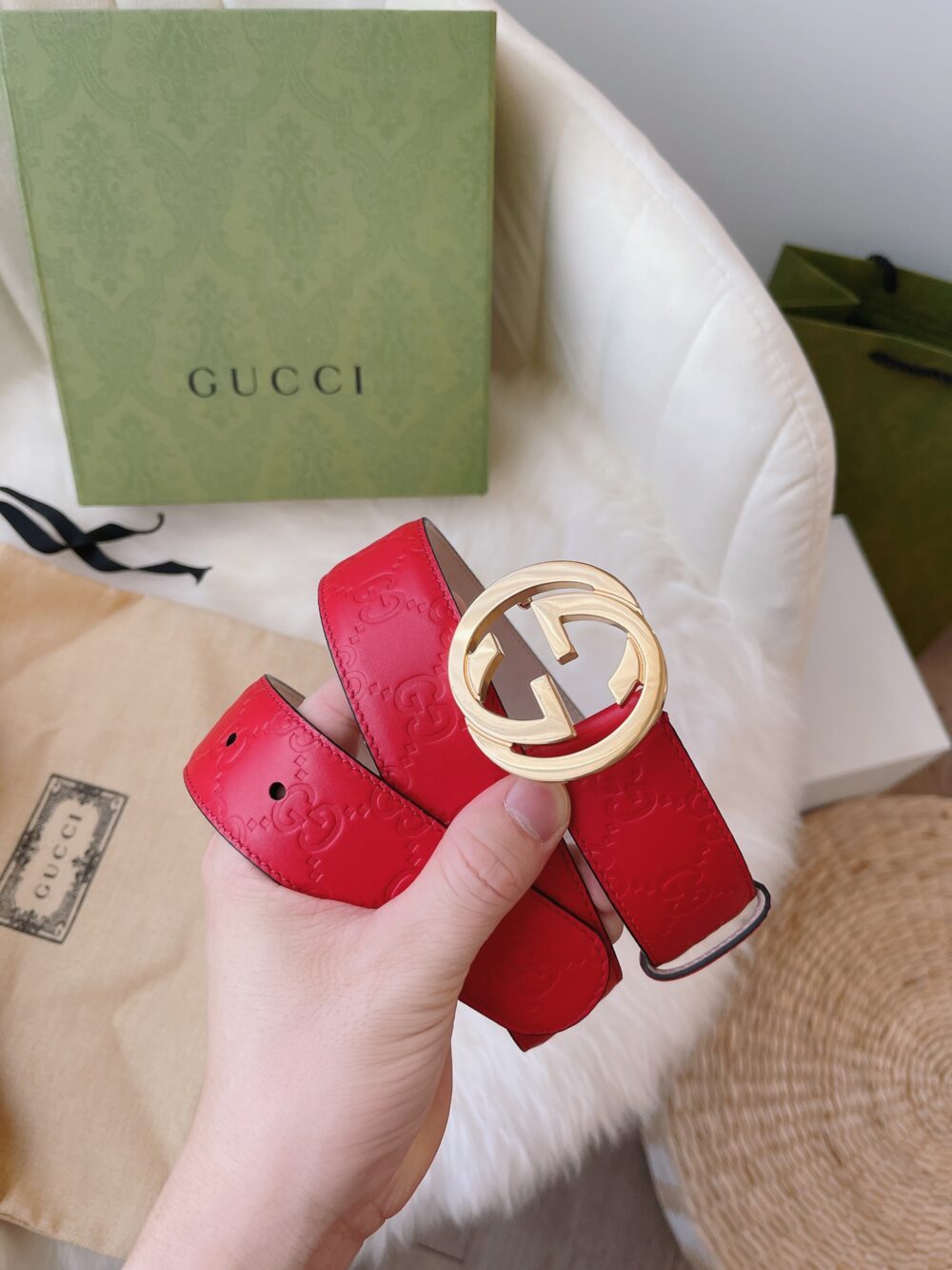 GUCCI CALFSKIN MONOGRAM RED BELT GOLD METAL 3.5CM - Image 3