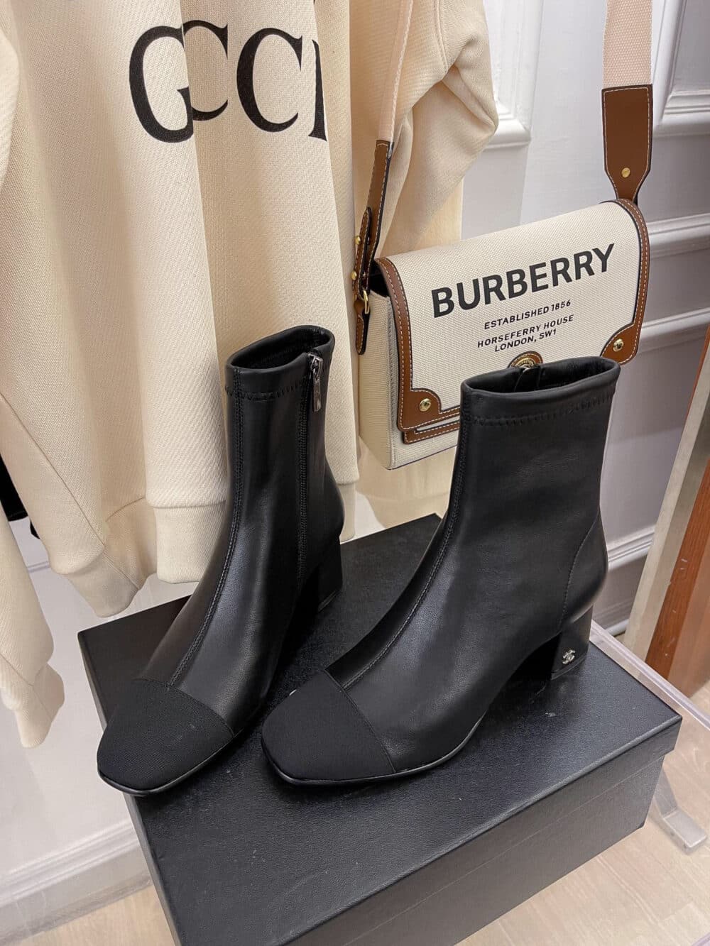 Alternative view of CHANEL SQUARE TOE LEATHER ANKLE BOOTS SHINY BLACK