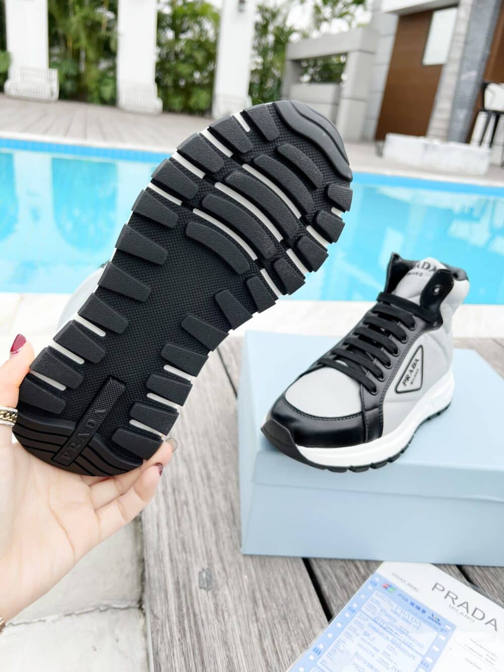 PRADA PRAX 01 RE NYLON AND BRUSHED LEATHER SNEAKERS GREY - Image 4