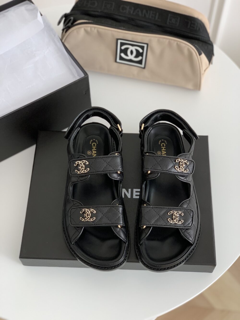 CHANEL CC BUTTON VELCRO BLACK SANDALS GRAINED CALFSKIN LEATHER - Image 3