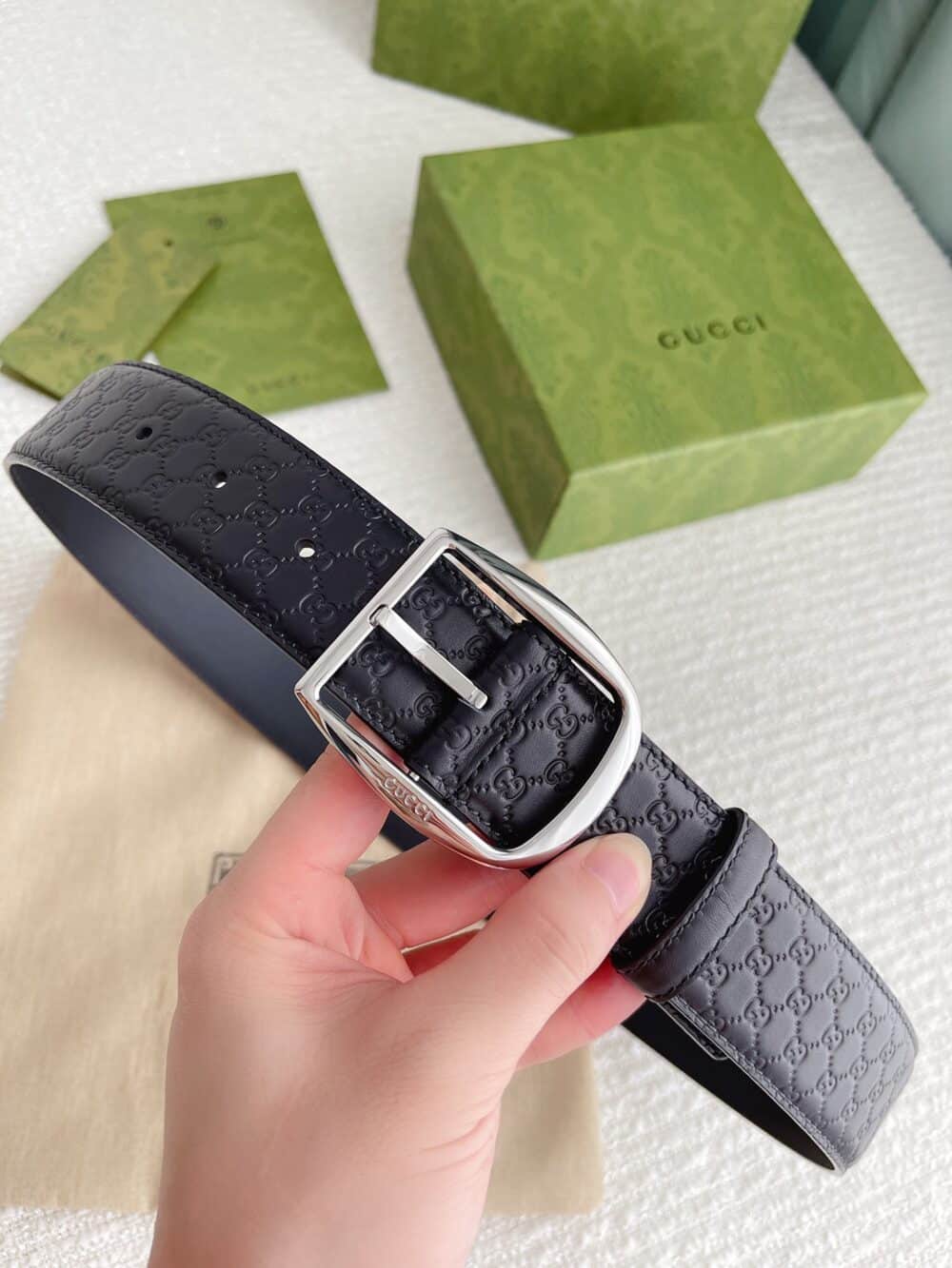 GUCCI CALFSKIN MONOGRAM BLACK BELT SILVER METAL 4CM - Image 10