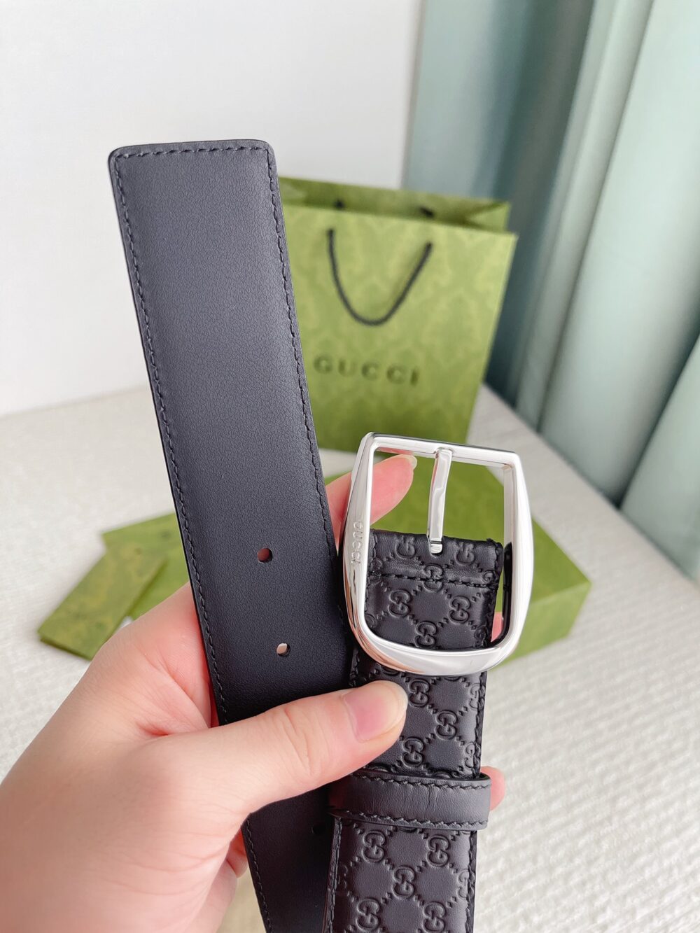 GUCCI CALFSKIN MONOGRAM BLACK BELT SILVER METAL 4CM - Image 9
