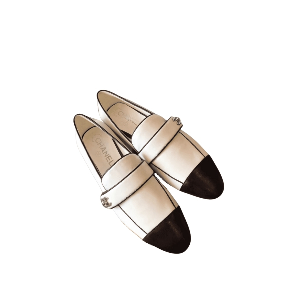 CHANEL LEATHER CC CAP TOE SLIP ON LOAFERS WHITE
