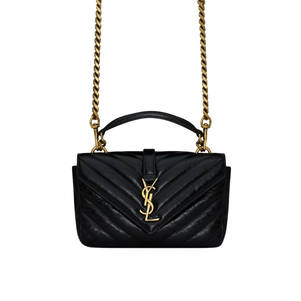 SAINT LAURENT COLLEGE MINI CHAIN BAG IN SHINY CRACKLED LEATHER BLACK 20CM 779430DZH071000