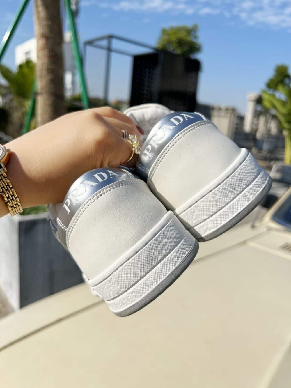 PRADA DISTRICT PERFORATED LEATHER SNEAKERS SLIVER - Image 4