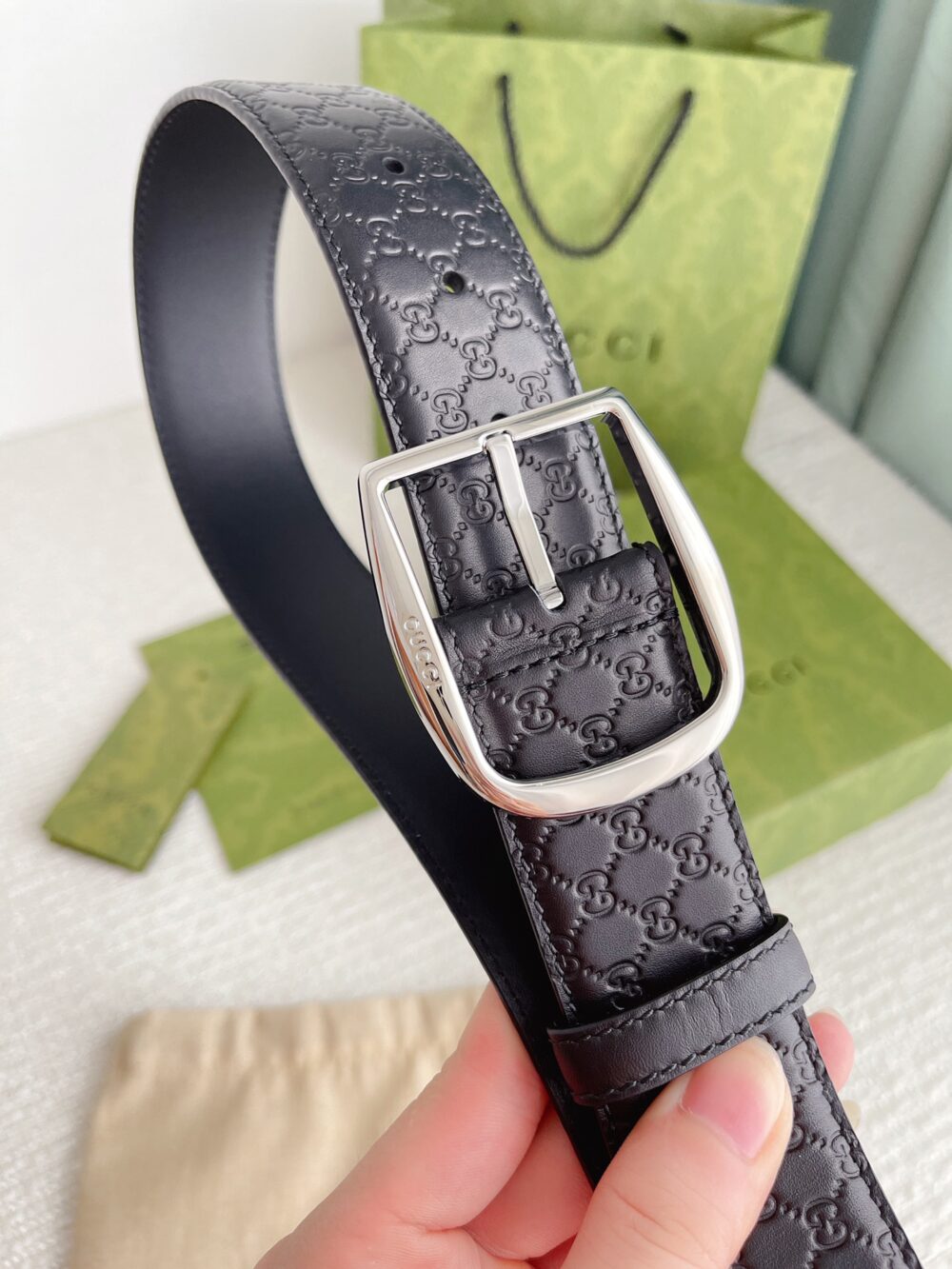 GUCCI CALFSKIN MONOGRAM BLACK BELT SILVER METAL 4CM - Image 3