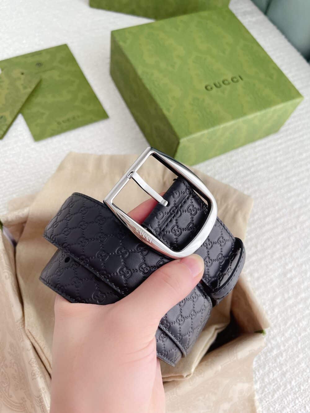 GUCCI CALFSKIN MONOGRAM BLACK BELT SILVER METAL 4CM - Image 8