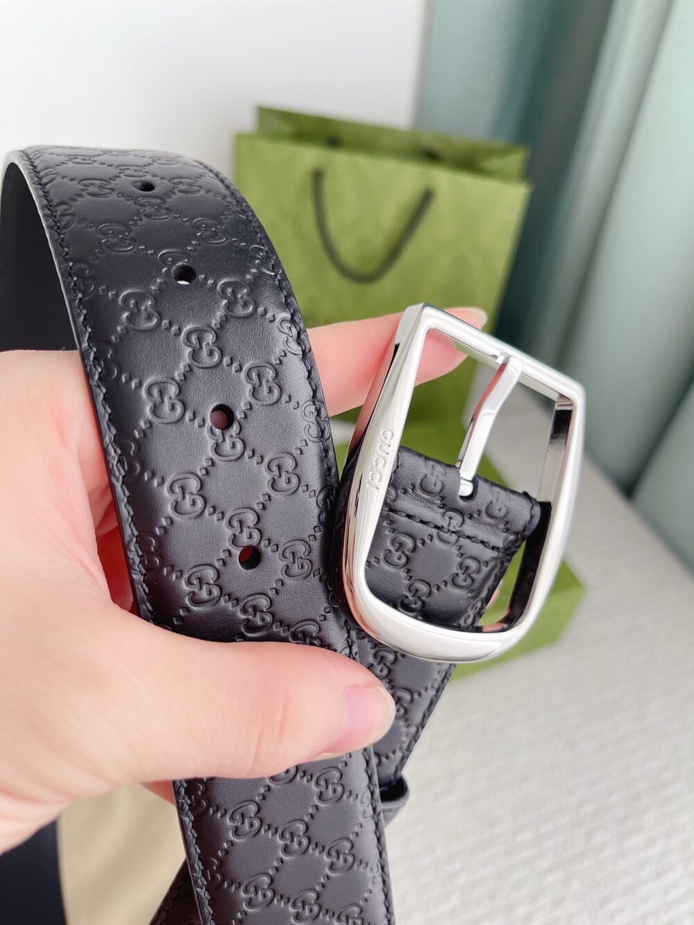 GUCCI CALFSKIN MONOGRAM BLACK BELT SILVER METAL 4CM - Image 7