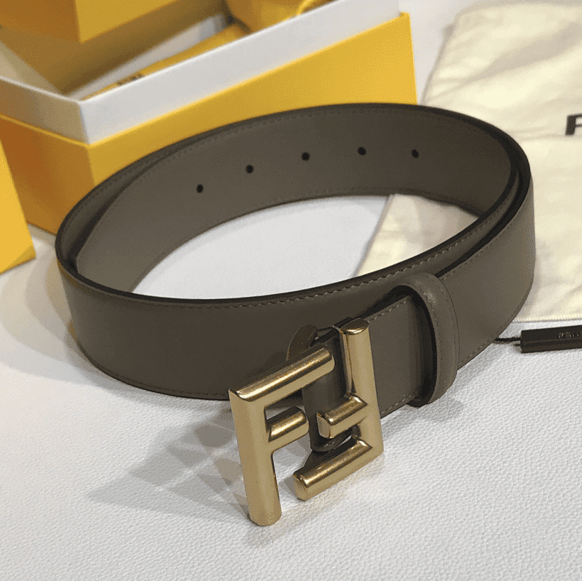 FENDI GREY LEATHER BELT WITH FF GOLD BUCKLE 40MM - Image 6