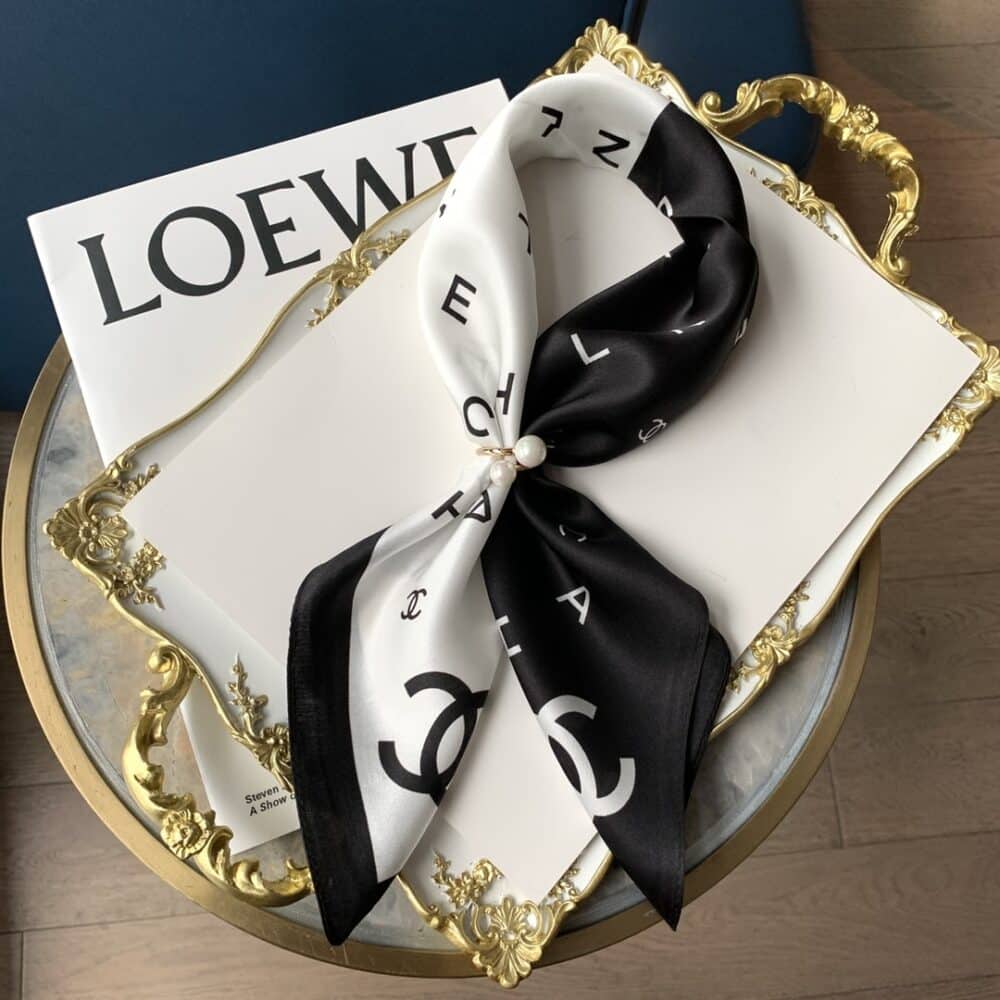 CHANEL MULTI LETTERS SQUARE SILK SCARF BLACK WHITE - Image 3