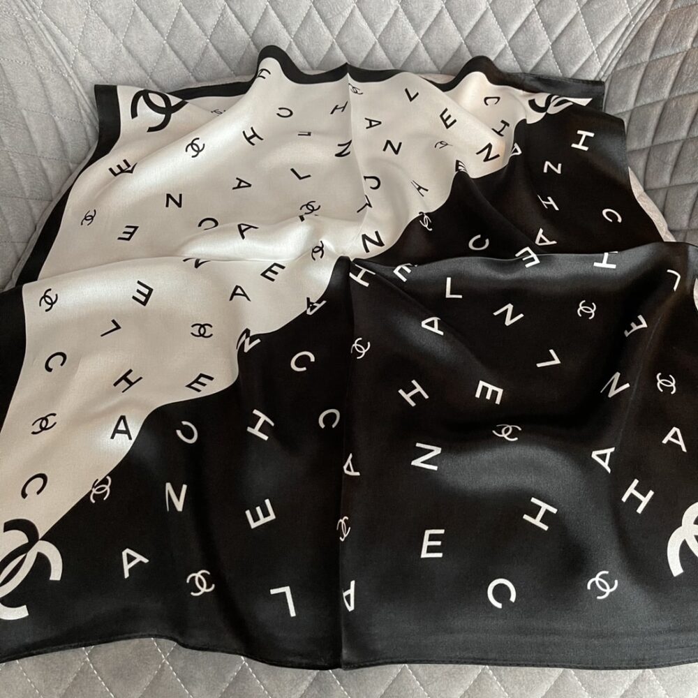 CHANEL MULTI LETTERS SQUARE SILK SCARF BLACK WHITE - Image 6