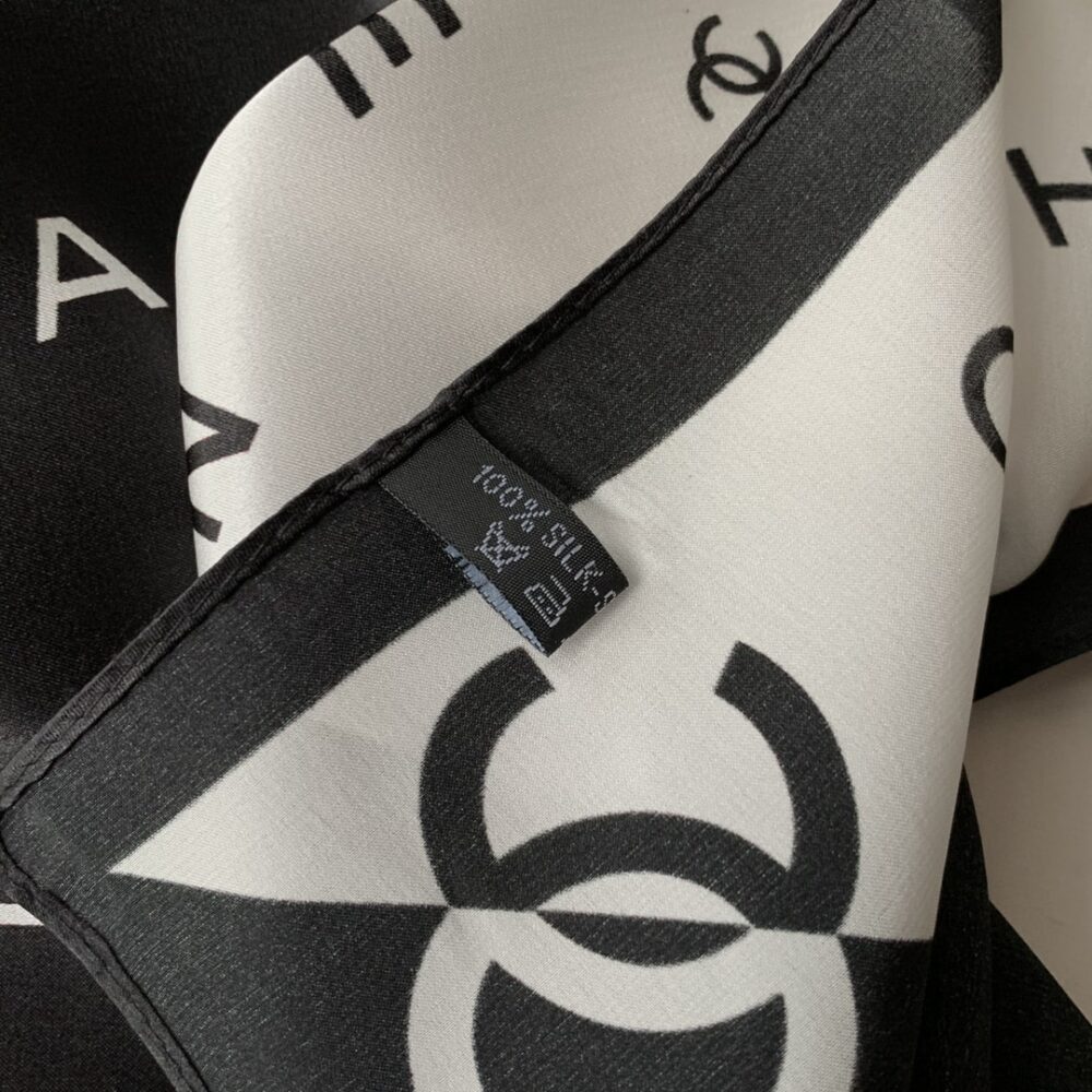 CHANEL MULTI LETTERS SQUARE SILK SCARF BLACK WHITE - Image 5