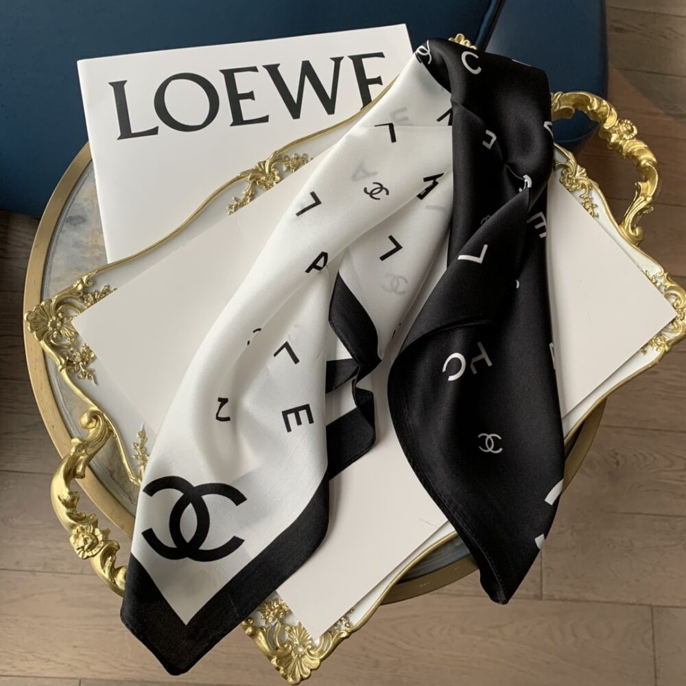 CHANEL MULTI LETTERS SQUARE SILK SCARF BLACK WHITE - Image 7
