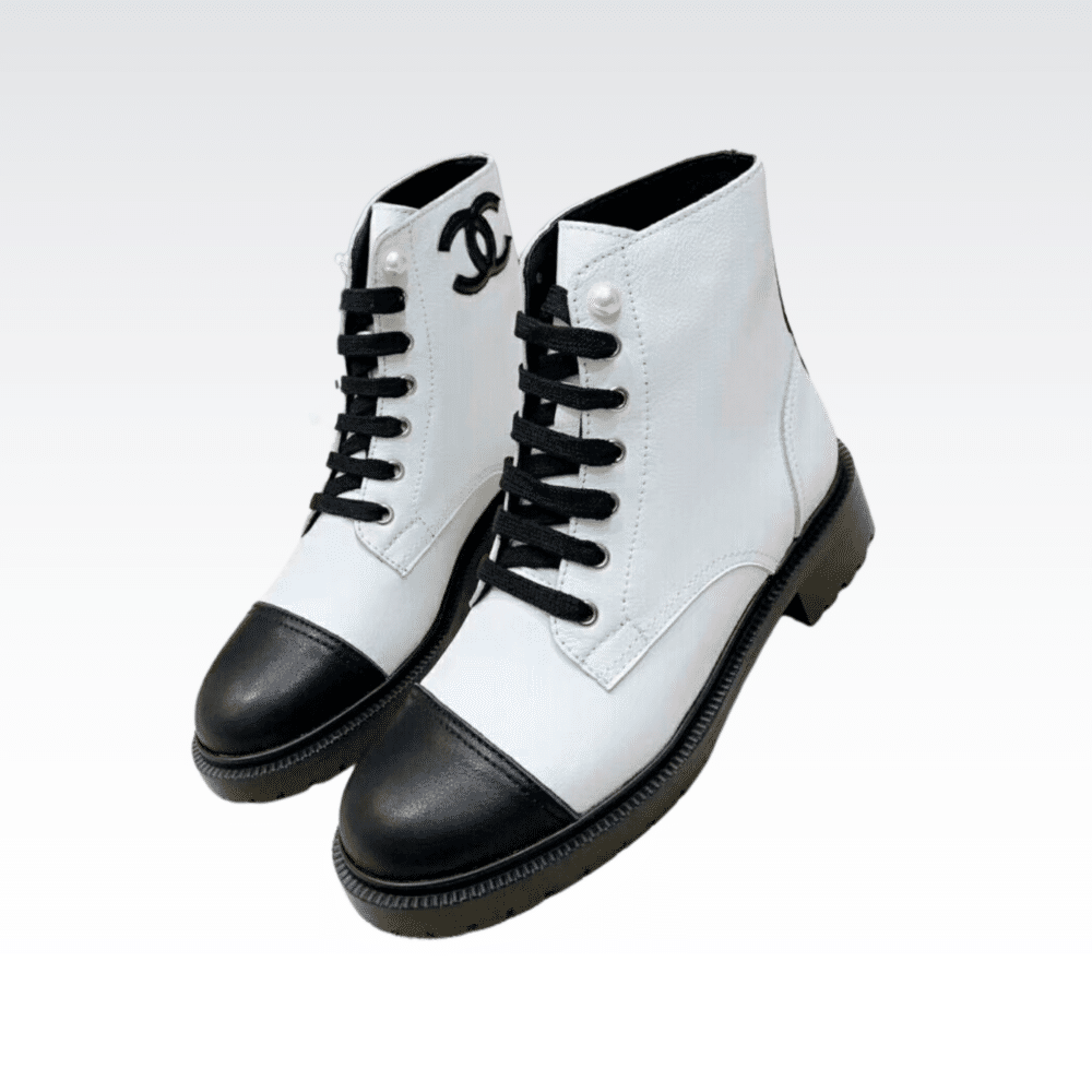 CHANEL WHITE PEARL LOGO CC COMBAT LACE UP TIE ANKLE BOOTS G36209
