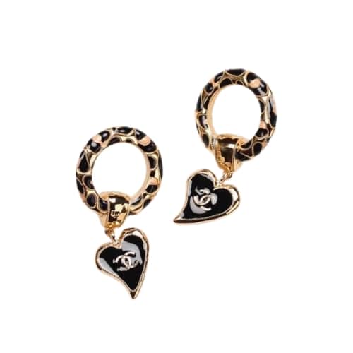 CHANEL CLASSIC LOVE DOUBLE C LOGO LEOPARD ROUND EARRINGS