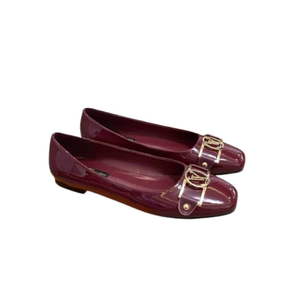 LOUIS VUITTON SIGNATURE LV LOGO SHINY WINE RED BALLERINA