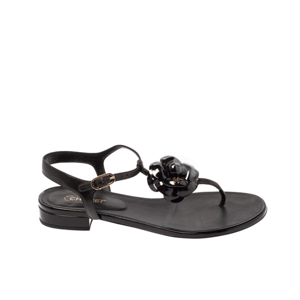 CHANEL JELLY BLACK RUBBER CAMELLIA SANDALS BLACK